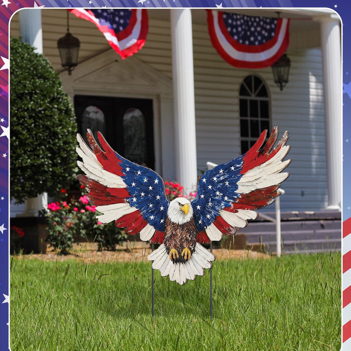 Amyhill 4th of July Outdoor Decor Patriotic Eagle Metal Garden Stakes Decorative Red White Blue Star Yard Signs with Stakes for Independence Day Memorial Day Garden Lawn Decorations