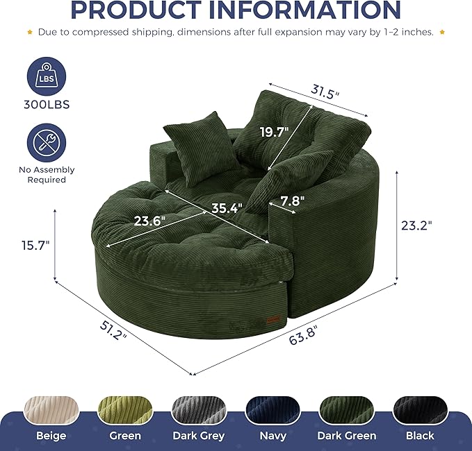 MAXYOYO Oversized Round Chaise Lounge Sofa, Upholstered Lounge Chair
