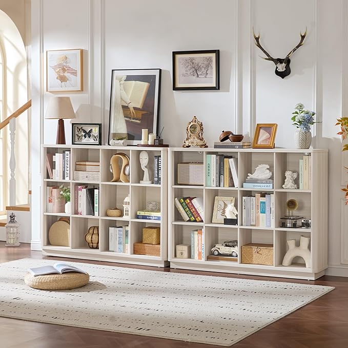 Joaxswe 12 Cube Storage Organizer, Wood Floor Standing 3-Tier Cubby Bookcase