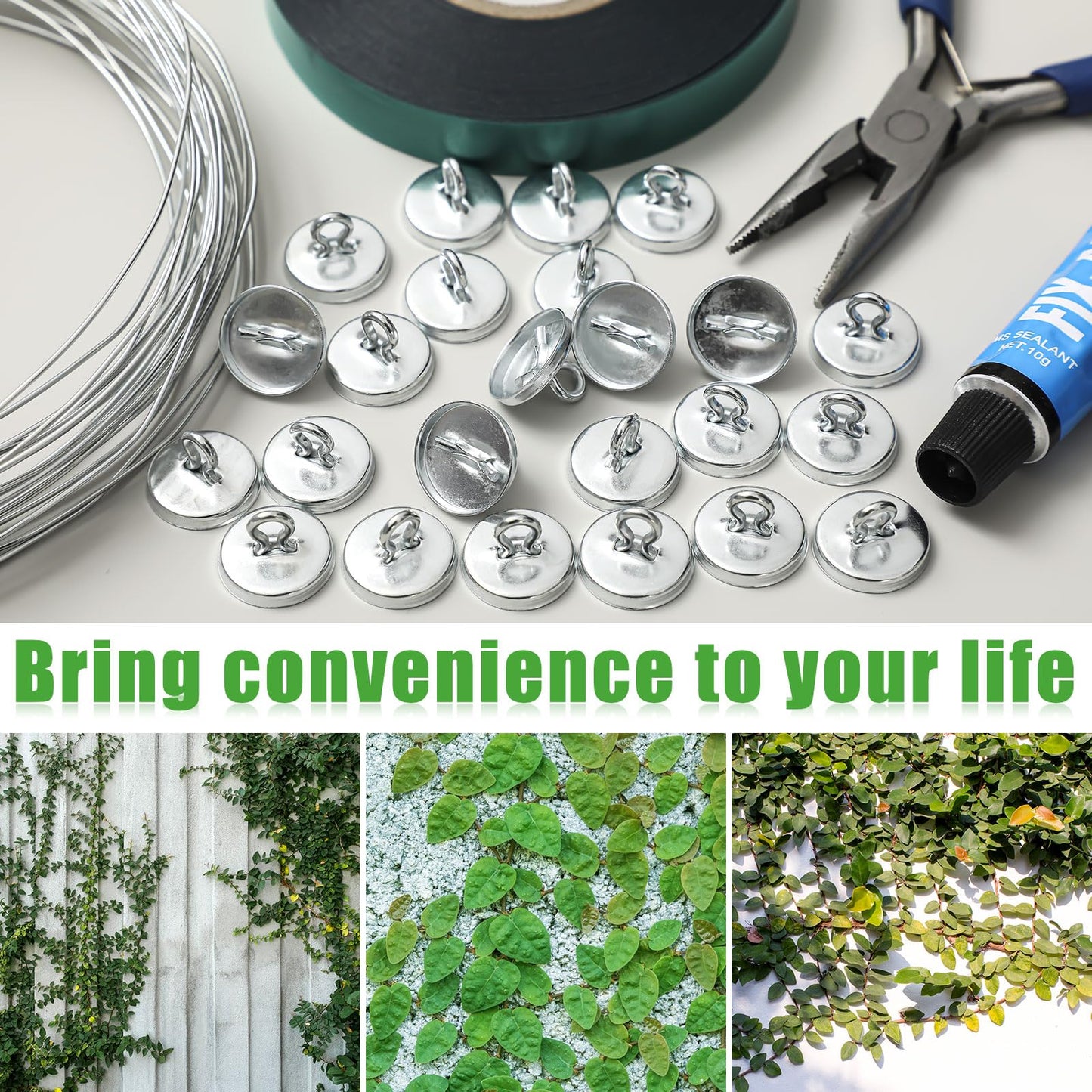 WILLBOND Plant Anchor Kit, 80 Pcs Vine Anchors 5 Pack Silicone Adhesive Sealant Garden Tie Tape Metal Wire Wire Cutters for Spring Trellis Vine and Stucco Brick Wall Climbing Plants Supplies(Silver)
