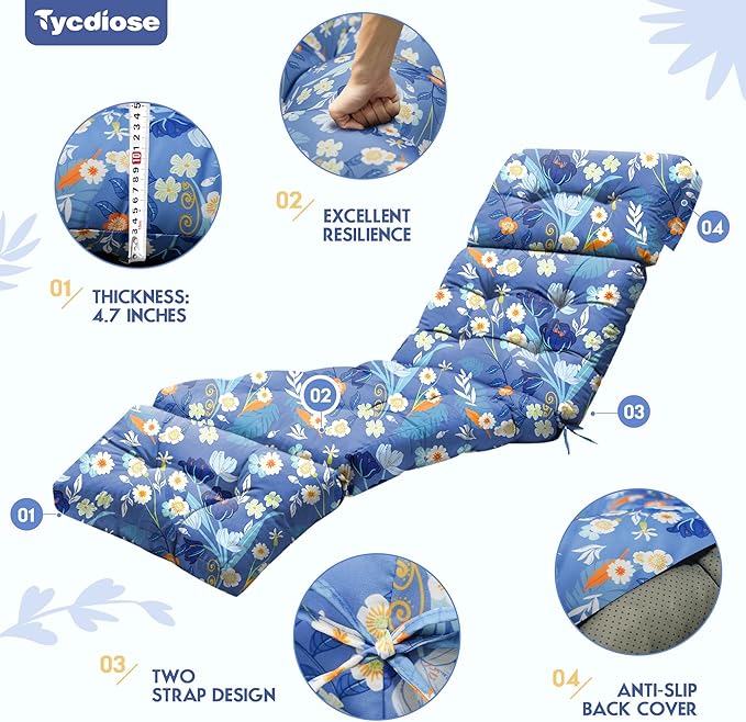 Outdoor Chaise Lounge Chair Cushion Set of 4, Waterproof 74.4 x 22 x 4.7 Inches