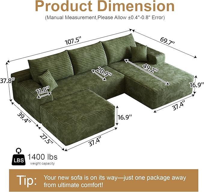 108" Sectional Couches for Living Room Cloud Couch Sofa