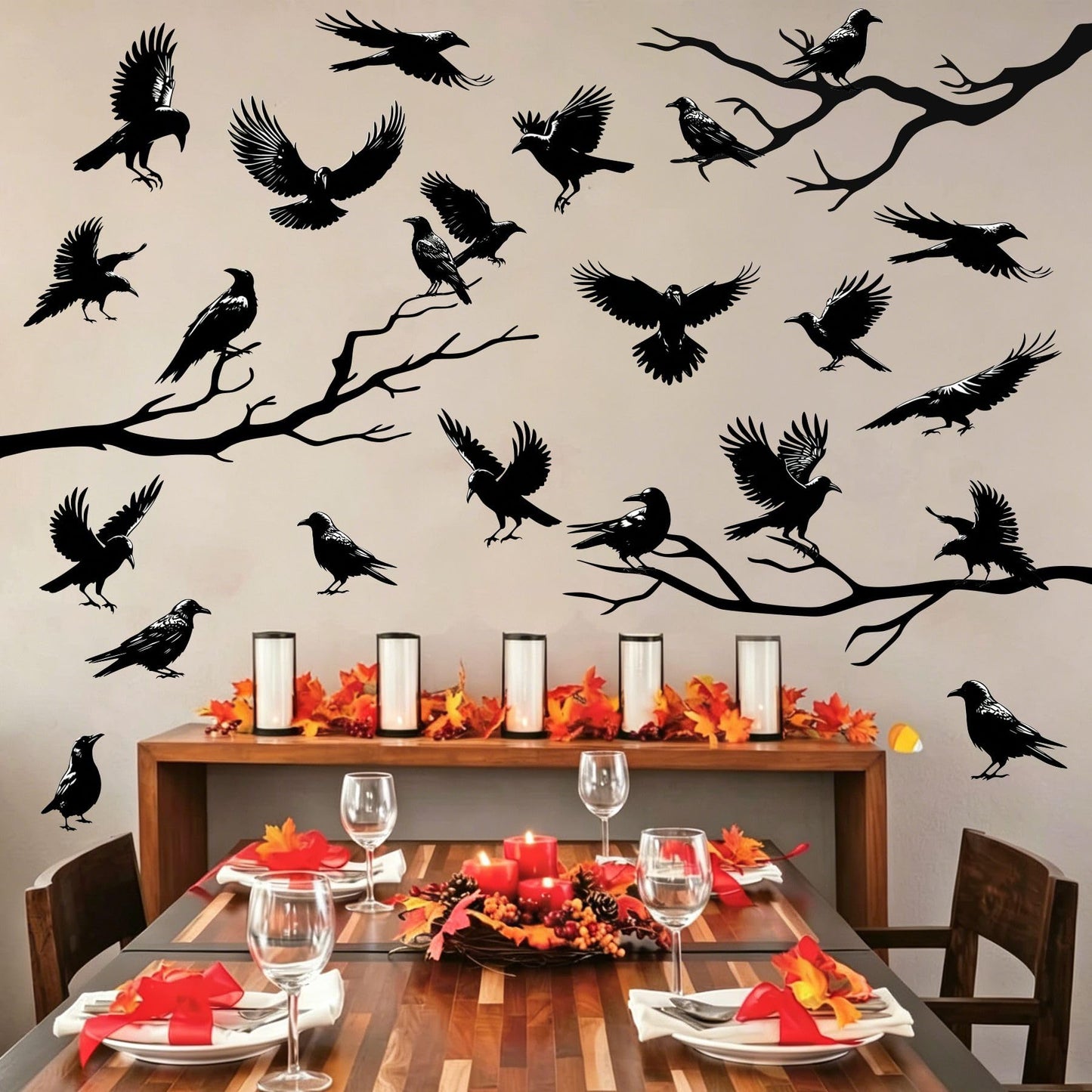 Halloween Raven Wall Decal Sticker Black Crow Window Cling Stickers Removable Tree Branch Wall Decals Peel and Sticker Home Office Glass Decor