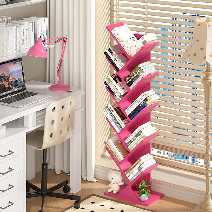 SHEEPAM 10 Tier Tree Book Shelf, Floor Standing Wood Bookshelf