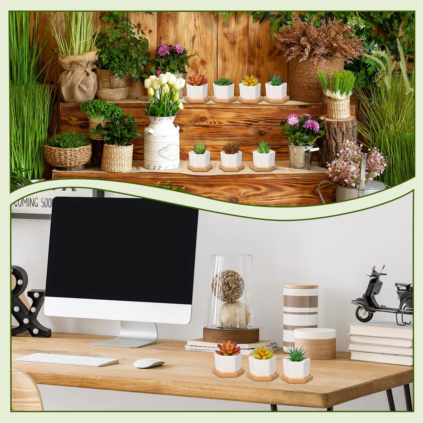 Gerrii Succulent Pots Mini White Ceramic Flower Planter Pot Succulent Planters with Wooden Trays and Drainage Holes for Plants Cactus Home Office Decoration, Plants Not Included(24 Pcs)