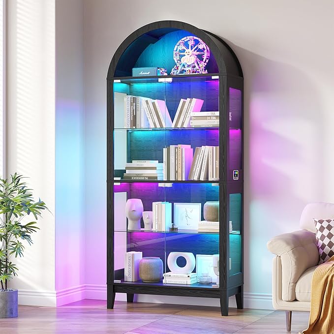HNEBC Arched Display Case with RGB Lights, LED Curio Cabinet with Shelf