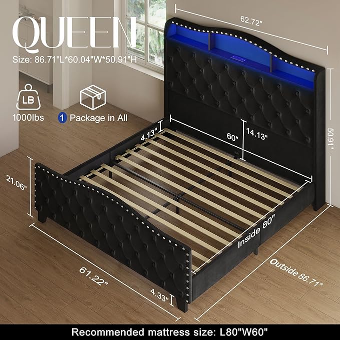Belffin Queen Size Bed Frame and Headboard, 50.9" Velvet Upholstered Wingback
