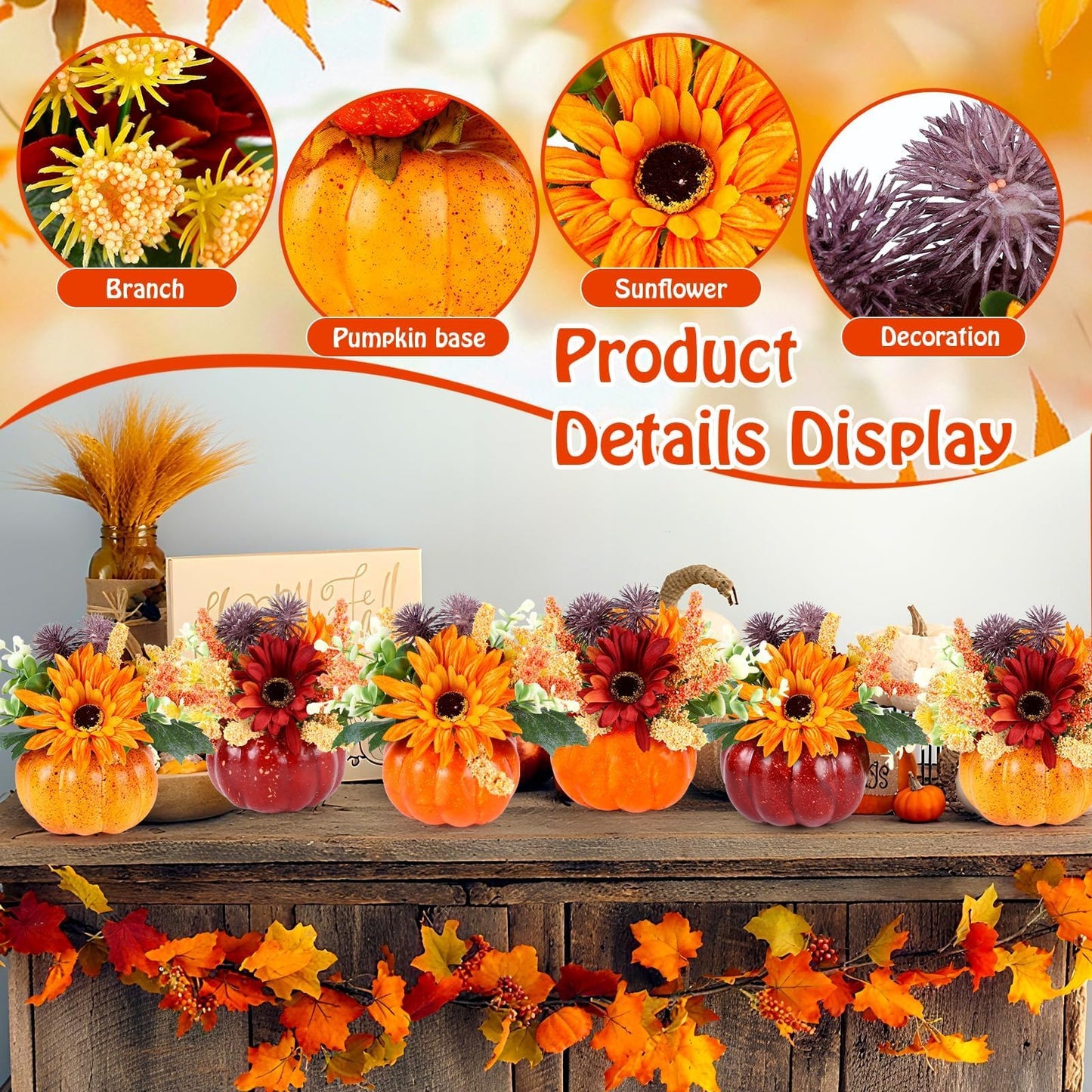 Set of 6 Mini Fall Pumpkin with Artificial Flower Decorations Thanksgiving Sunflower Centerpieces for Tables Harvest Fall Table Floral Decor Autumn Fireplace Mantle Living Room Home Kitchen Party