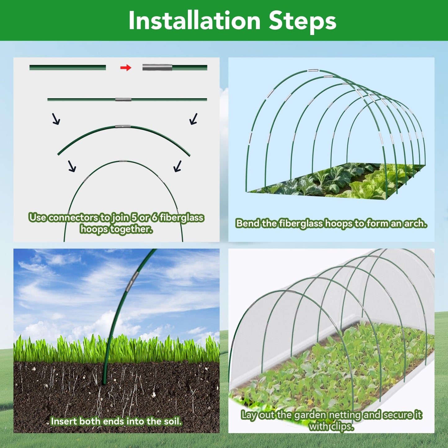 Garden Mesh Netting Kit for Raised Beds, 10x30FT Green Garden Netting ＆6 Sets Fiberglass Garden Hoops, Row Cover Garden Netting Pest Barrier Plant Protection for Vegetable Flowers Fruits