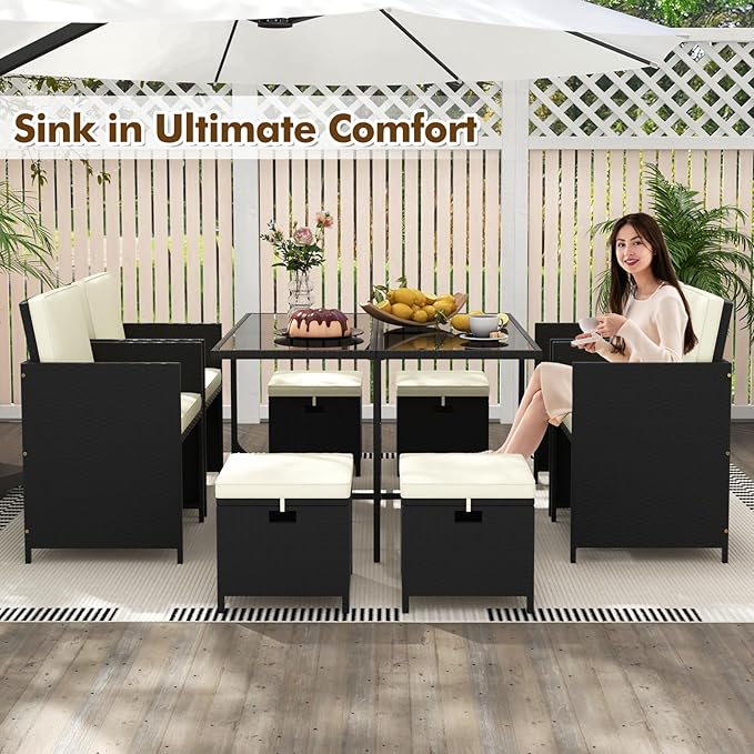Tangkula 9 Pieces Outdoor Dining Furniture Set, Space-Saving Wicker Rattan