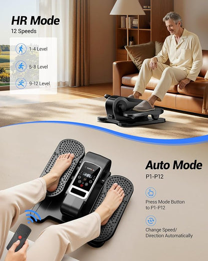 Under Desk Elliptical Machine, Electric Seated Pedal Exerciser, Min Leg Exerciser with Remoter, 12 Level Speeds, Forward & Reverse Direction, Manual & Auto Mode for Home Office