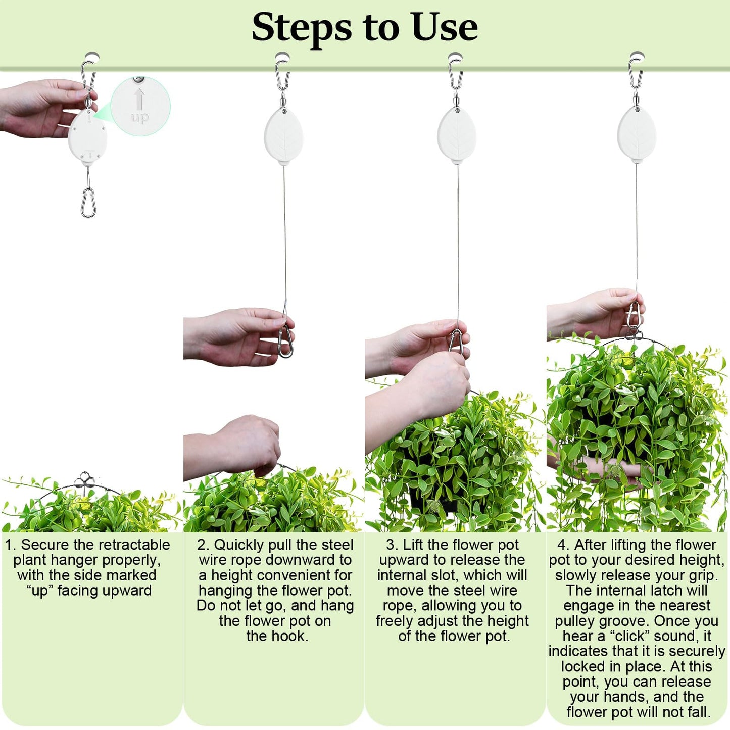 ZUZUAN 2026New 3Pcs Retractable Plant Hanger with Leaf Texture,44Lbs Load Capacity,Auto Lock,Adjustable Hook for Hanging Plants,Bird Feed,Wind Chimes,Garden Pots,Rust-Proof Stainless Steel,White
