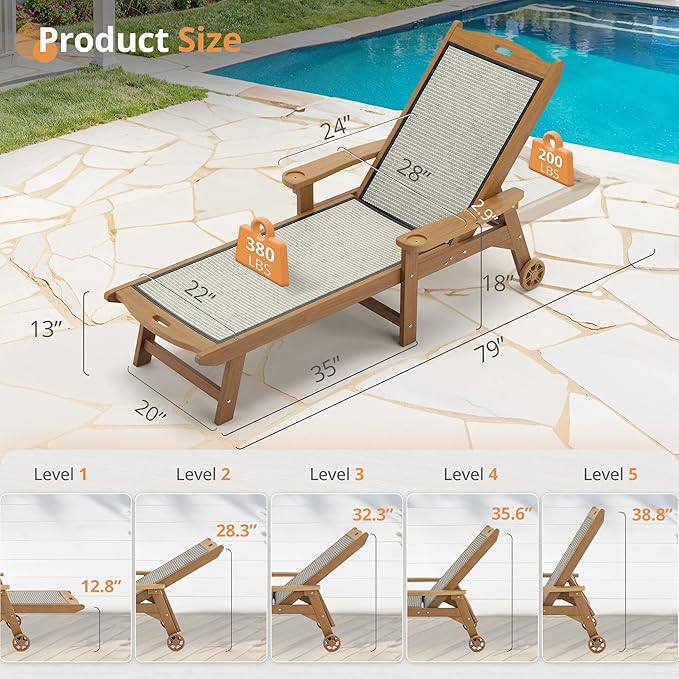 LUE BONA Chaise Lounge Chair Outdoor, HDPS and HDPE Wicker Material, Patio
