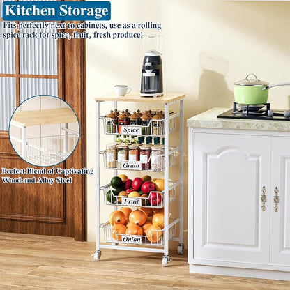 OKZEST 5-Tier Small Kitchen Storage Cart on Wheels with Pull-Out Drawers, Rolling Pantry and Snack Organizer Cart with Wood Top, Kitchen Floor Fruit Basket Stand for Fruit Potato Onion Veggie Snack
