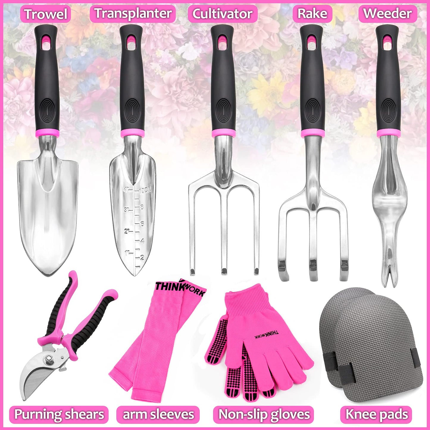 THINKWORK Pink Garden Tools, Gardening Gifts for Women, with 2 in 1 Detachable Storage Bag, Trowel, Transplanter, Rake, Weeder, Cultivator, Purning Shears and 3 Additional Protection Tools