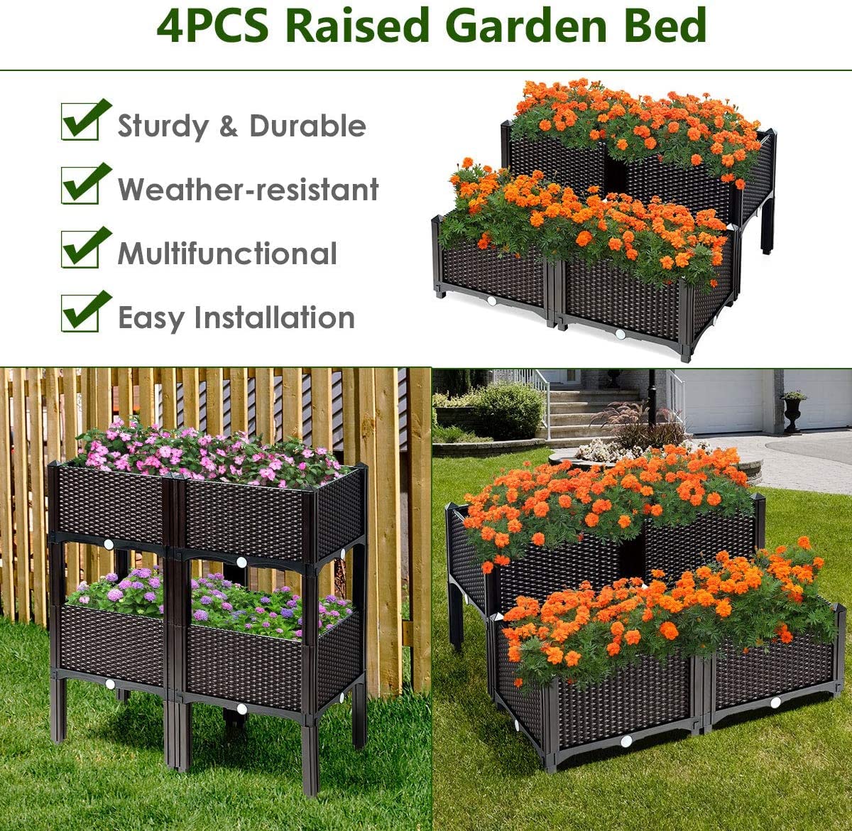 LDAILY LUARANE Raised Garden Bed Kit, Outdoor Plastic Planter Box Set of 4, Elevated Garden Beds with Brackets, Suitable for Garden Patio Balcony Dining Room