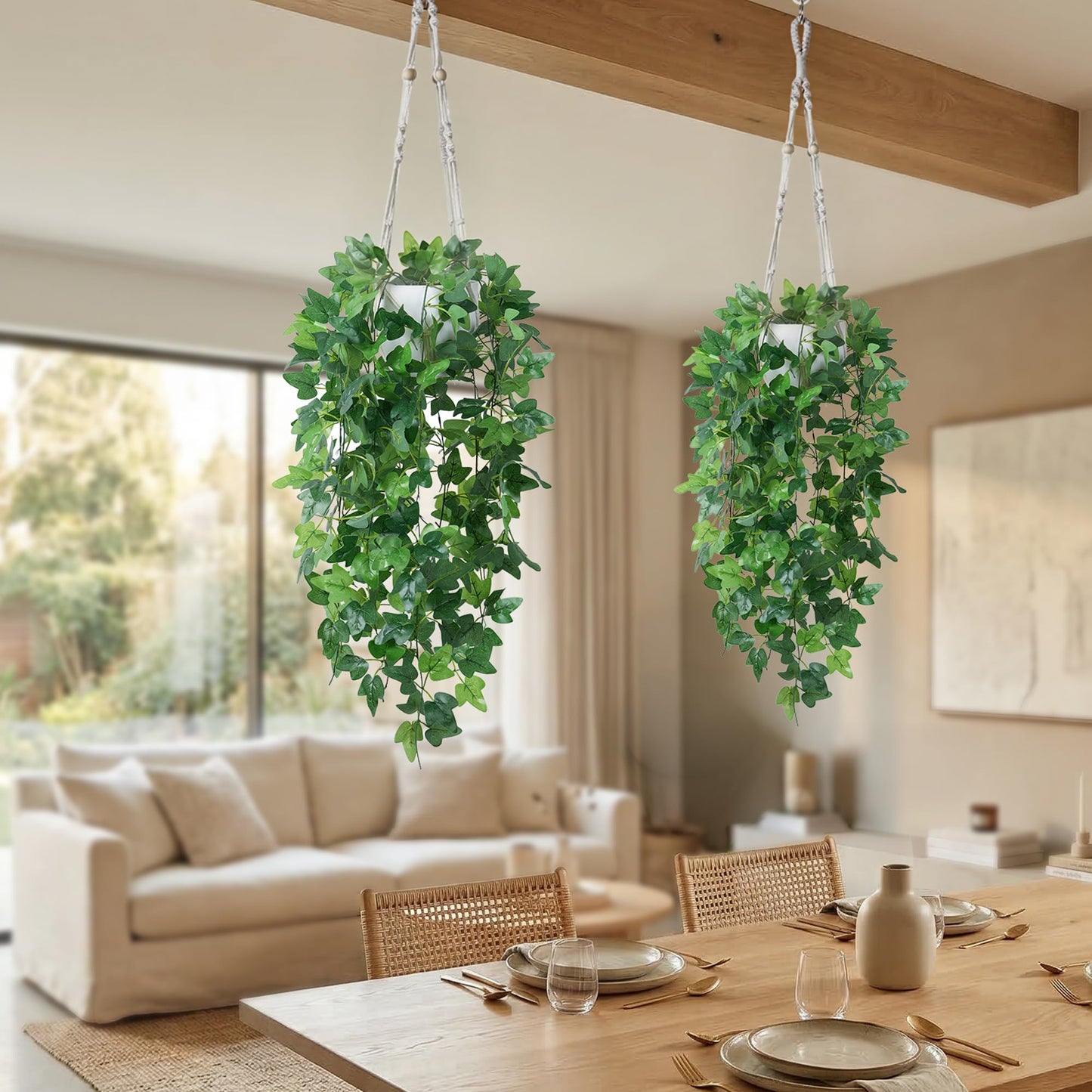 DREAMLOOM 2 Packs Fake Hanging Plants with Pots, Artificial Ivy Hanging Plants with Macrame Hanger for Indoor Decor, Fake Hanging Vines Faux Greenery for Home Kitchen Office