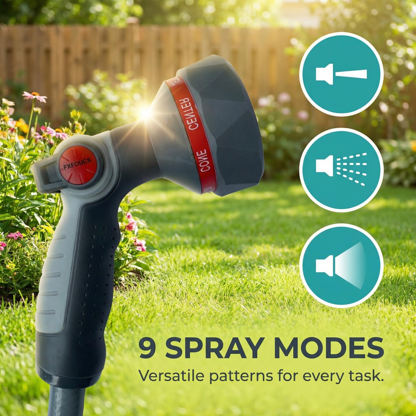FXFOUCS Garden Hose Nozzle Sprayer-This High Heavy-Duty Spray Nozzle Offer 9 Watering Patterns for Watering Plants,Lawns &Gardens,Washing Cars,Household Cleaning and Showering Pets (Red-black)