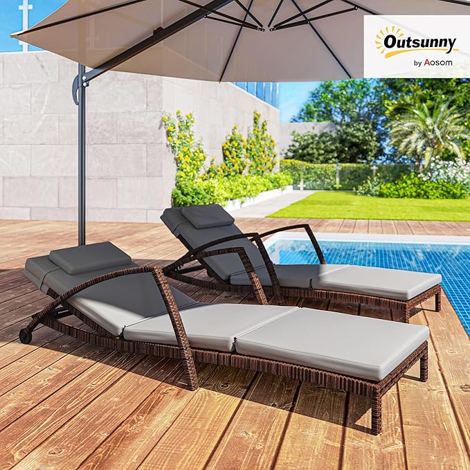 Outsunny Wicker Chaise Lounge Chair Outdoor Set of 2, 5-Position Adjustable