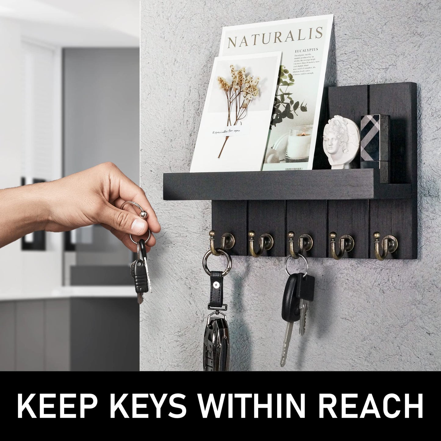 Rebee Vision Farmhouse Key Holder Wall Mount - Modern Key Holder for Living Room and Mail Organizer with Shelf & Hooks for Apartment Essentials - Home Decor Aesthetic (Black, 3.54"D x 10"W x 7.28"H)