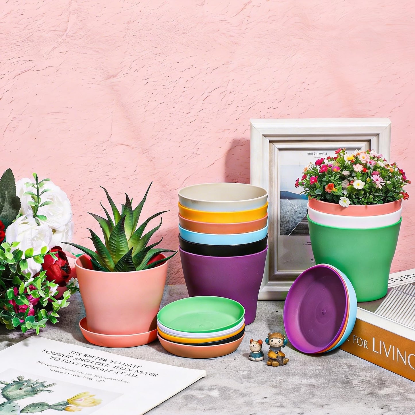 PercyEffie 50 Pack 4 Inch Plant Pots, Bulk Small Plastic Planters with Drainage Holes and Saucers Flower Pot for Flowers, Succulent, Cactus, Seed Starting Pots, Colorful