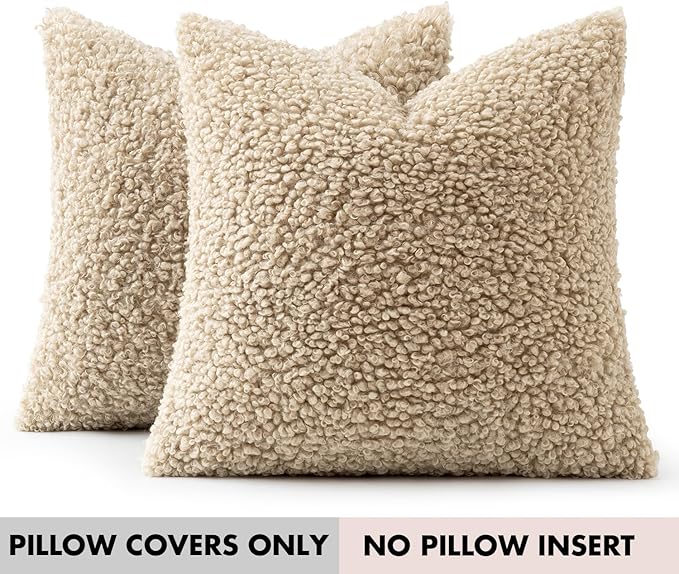 Faux Fur Throw Pillow Covers 20x20 Inch Set of 2 Boucle Neutral Decorative