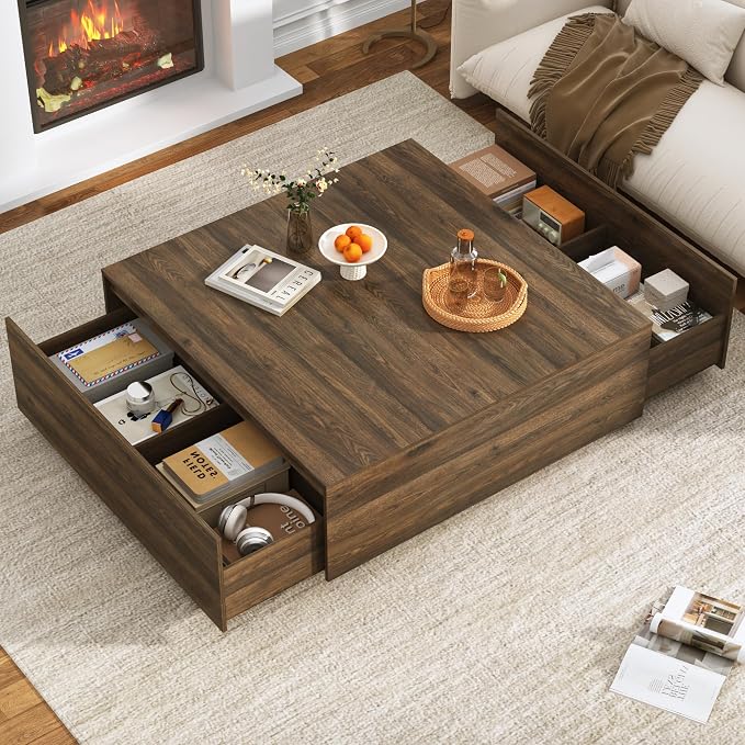 47” Square Coffee Table with Storage, 47" D x 47" W x 17" H Modern Large Square Center Table with 2 Drawers,Wood Coffee Table for Living Room,Bedroom（Walnut）