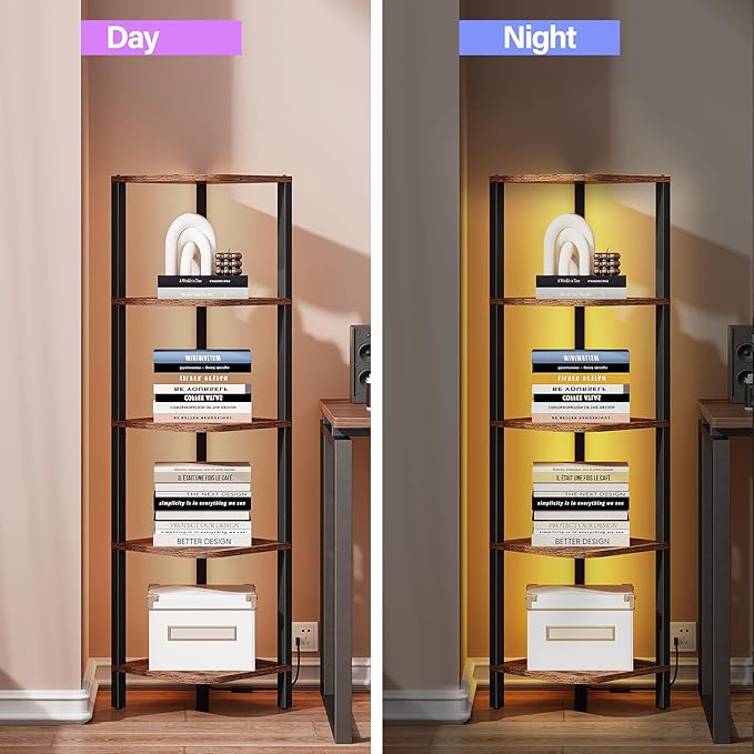 TUTOTAK Corner Shelf with LED Light, 5-Tier Corner Bookshelf