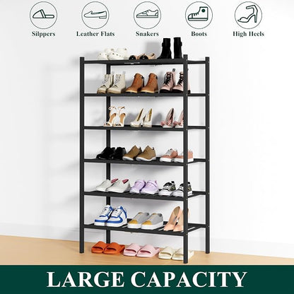 Smiry Bamboo Shoe Rack, 6 Tier Free Standing Wooden Shoe Organizer, Stackable Wood Shoe Storage Shelf for Closet, Entryway, 14 Vertical Slats, 2+2+2 Stack Heavy-Duty Legs, 26.8"x11"x39", Black