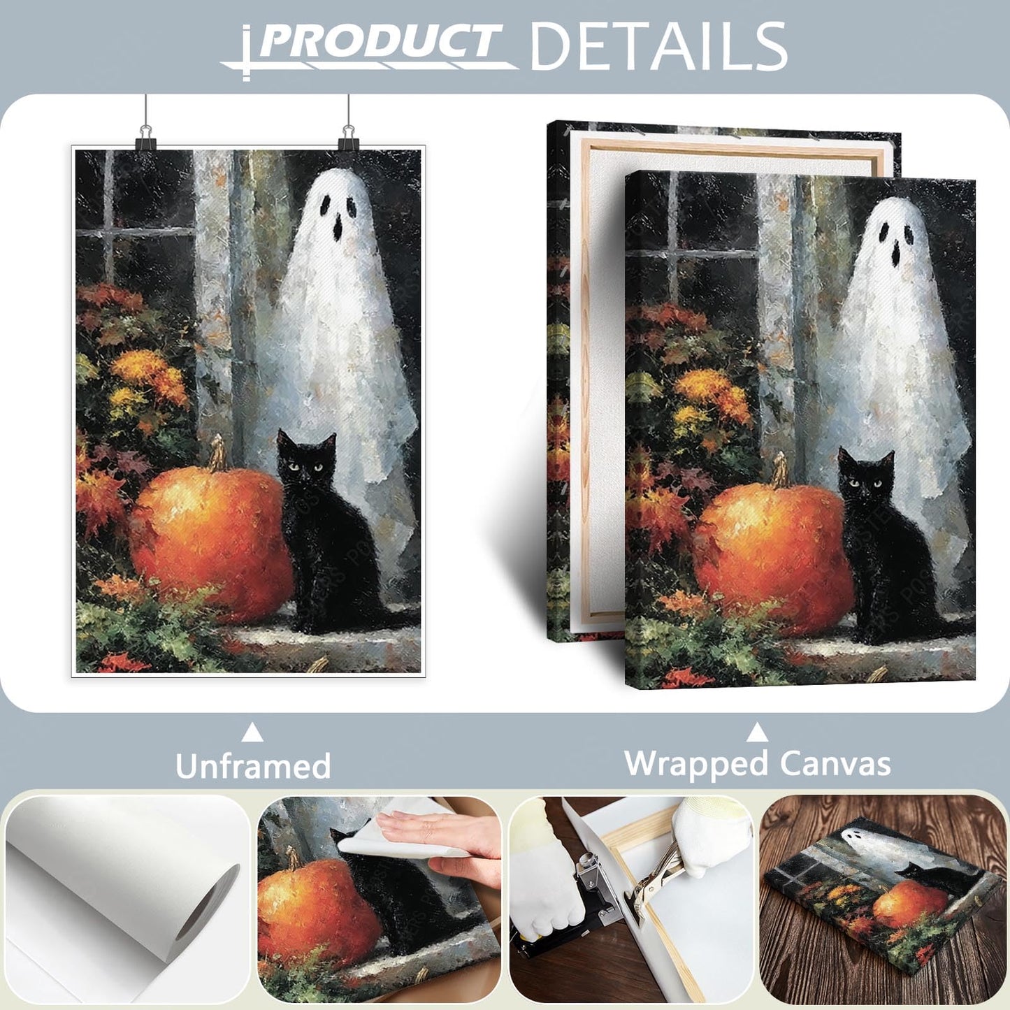 Horror Ghost Canvas Wall Art,Halloween Black Cat Poster Print,Dark Academia Wall Decor For Home Bedroom Living Room 12X18 in Unframed