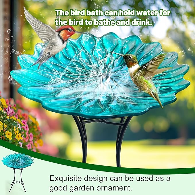HONGLAND Bird Bath for Outside,15" Diameter Large Glass Birdbaths for Outdoors,Detachable Bird Baths Bowl with Metal Stand for Garden Patio Lawn Decor,19" Height - Green