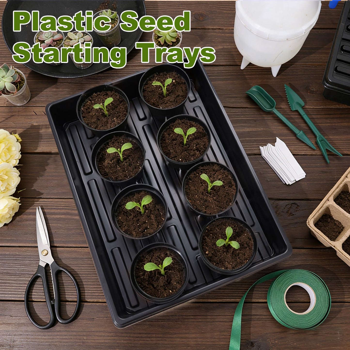 Dualshine Seed Starter Tray Kit - 60-Pack 3.4 Inch Round Nursery Pots with Drainage Holes, 5 Seedling Trays, 100 Plant Labels & 2 Transplanting Tools for Vegetables, Flowers, Herbs Seed Starting