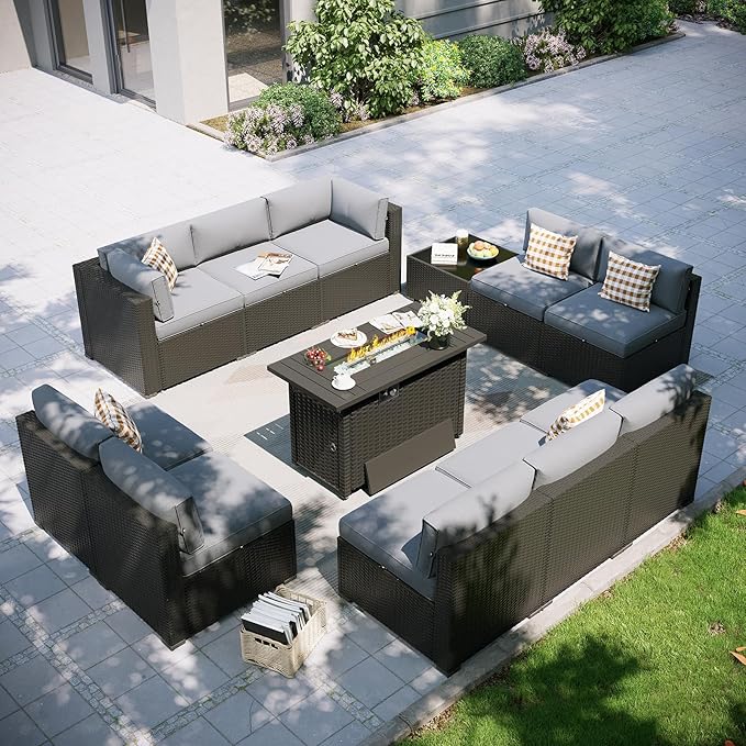 Aoxun Patio Furniture Set with Fire Pit Table, 12 Piece Outdoor Sectional Sofas