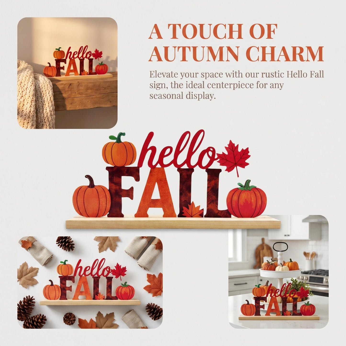 LianheCy Hello Fall Metal Sign with Wooden Base Freestanding Rustic Pumpkin Tabletop Decor Tiered Tray Centerpiece Autumn Decorations for Home Mantel Shelf Fireplace Office