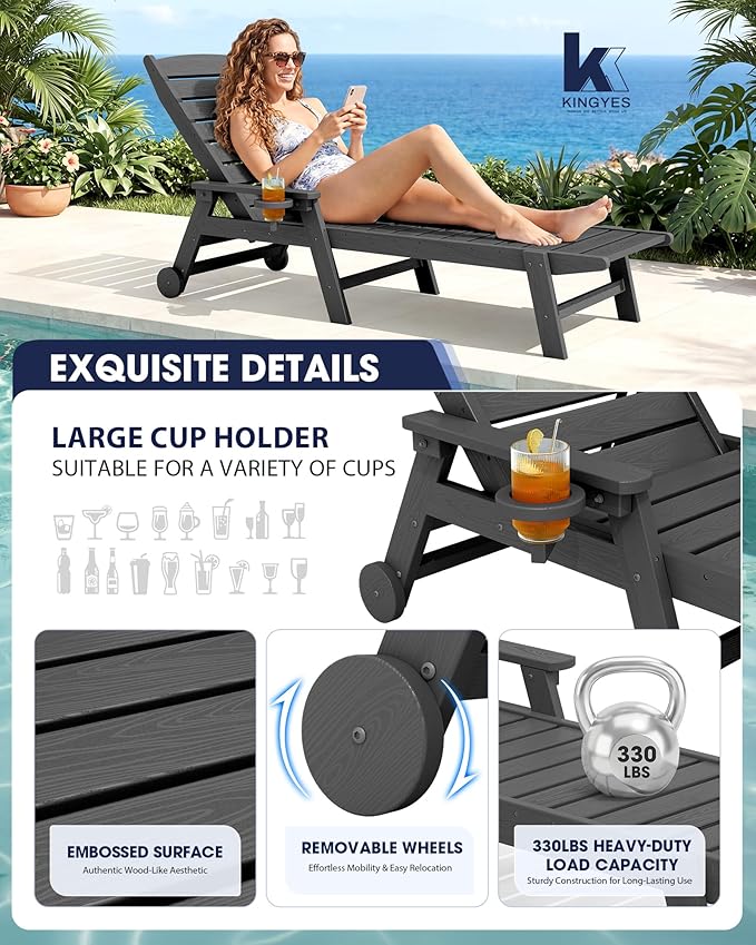 KINGYES HDPE Lounge Chair Outdoor, Patio Chaise Lounge Recliner