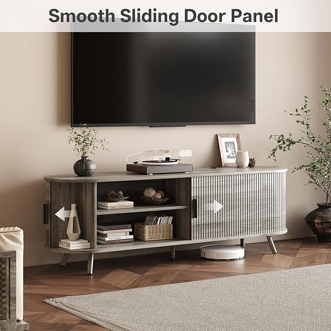 63 inch TV Stand with Power Outlet, Fluted Entertainment Center