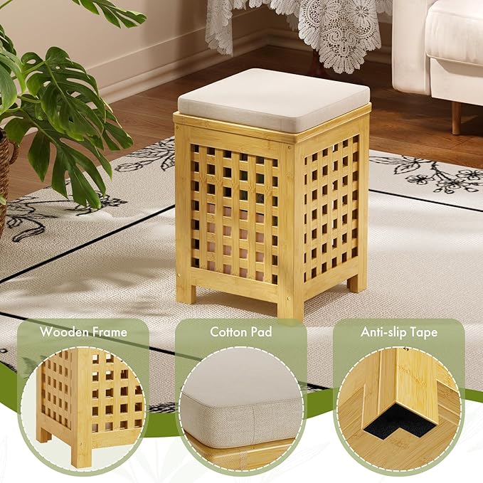 Bamboo End Table with Removable Cushion and Hidden Storage, 2-in-1 Ottoman Side
