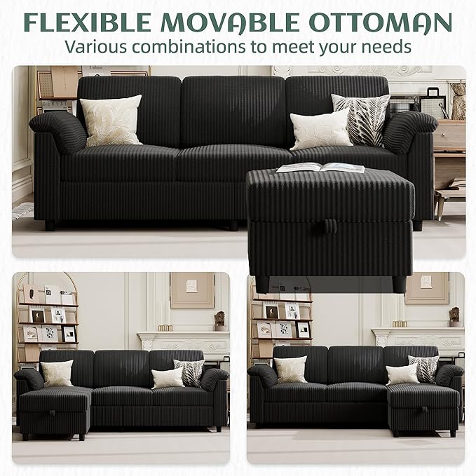 Vongrasig Convertible Sectional Couches, 3 Seat L Shaped Couch Sofa