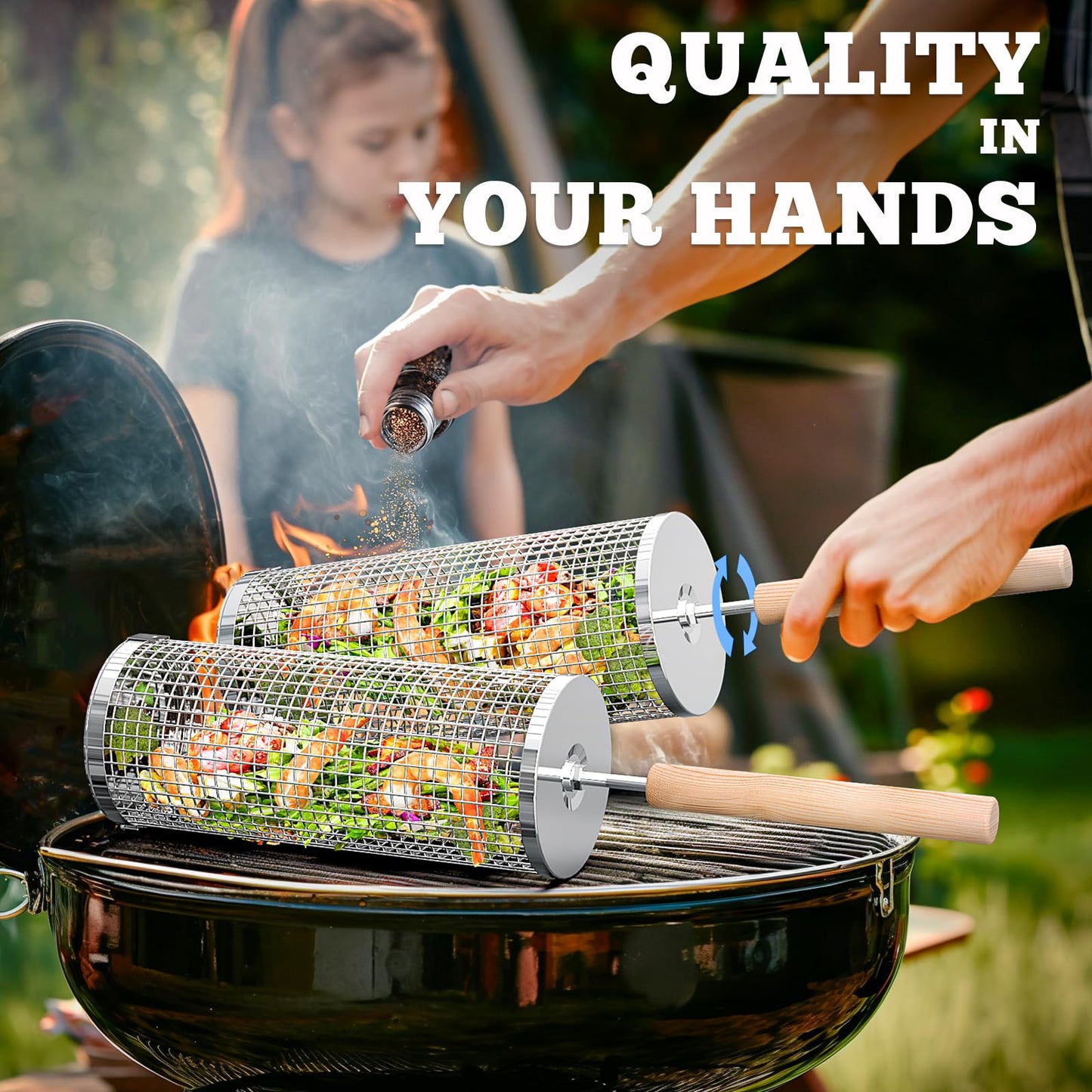 ivtivfu Rolling Grill Baskets, Removable Wooden Handle, 304 Stainless Steel, Nesting Grilling, BBQ Accessories Tools for Vegetable Shrimp, Outdoor Cooking Camping, Birthday Gifts for Men Dad Husband