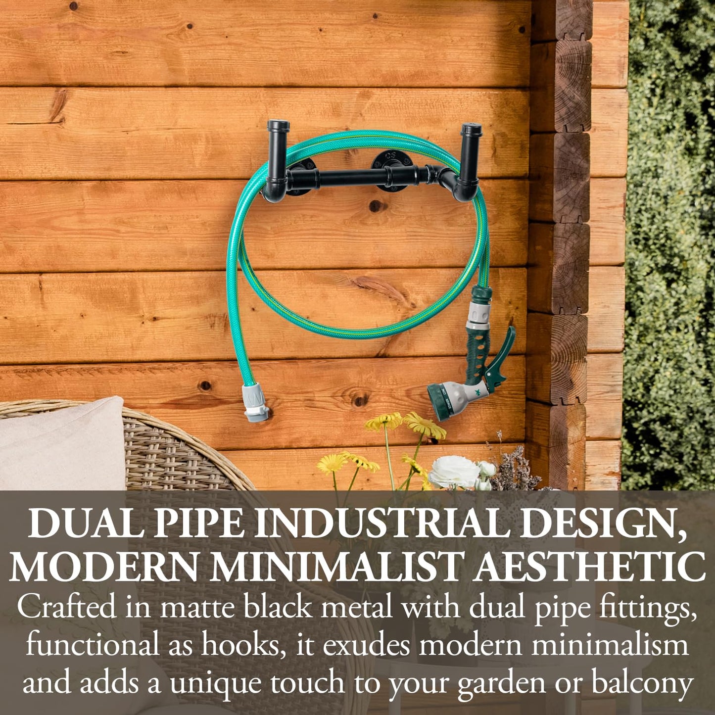 MyGift Wall Mounted Garden Water Hose Hanger, Industrial Matte Black Metal Hanging Waterhose Reel Holder Storage Rack with Decorative Dual Pipe Fittings