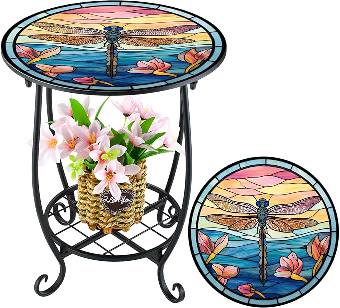 Cinnvoice Outdoor Side Table Round Small Mosaic Patio Accent Indoor End Plant
