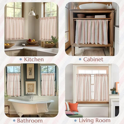 jinchan Striped Linen Kitchen Curtains 24 Inches Christmas Tier Curtains Farmhouse Modern Cafe Style Small Window Treatments Airy Light Filtering Rod Pocket for Living Room Bathroom 2 Panels Candy