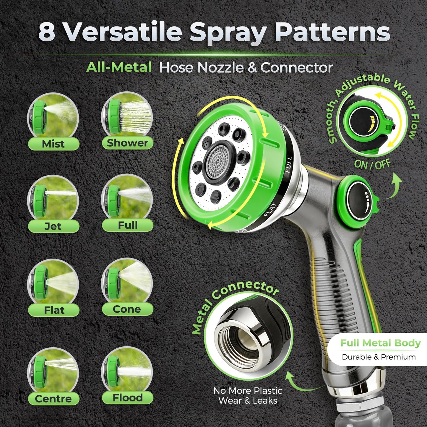 Garden Hose 50 Ft With 8-Pattern Spray Nozzle, 5/8" Lead-Free Flexible Water Hose With 3/4" Anodized Aircraft-Grade Aluminum Interface, Lightweight Kink-Resistant Water Pipe For Lawn, Yard, Outdoor