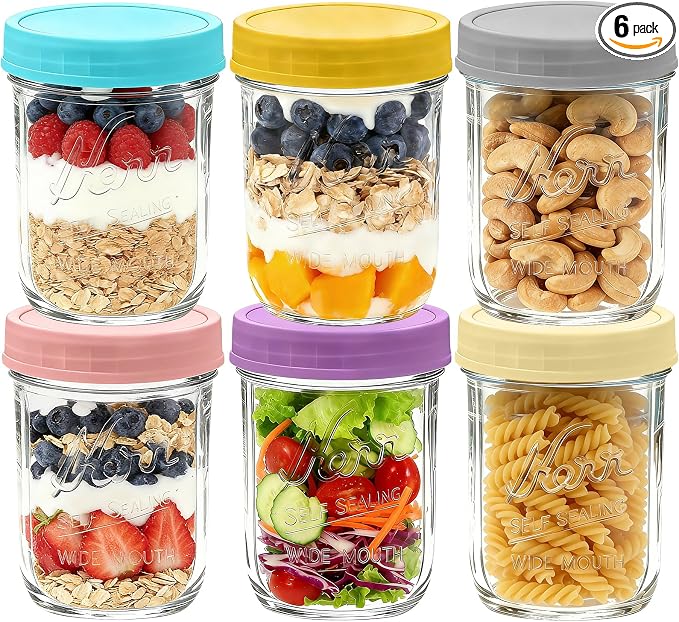 6-Pack Wide Mouth Mason Jars with Lids, 16 oz Overnight Oats Jars Containers with Lids, Glass Meal Prep Food Storage Containers for Oatmeal, Chia Seed Pudding, Yogurt, Snacks, Salads, Fruit, Spice