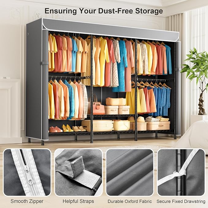 SEMHOR K01C Heavy Duty Clothes Rack with Grey Cover, Freestanding Portable Closet System with Shelves, Adjustable Carbon Steel Garment Rack, Black Clothing Racks for Hanging Clothes, 860LBS Max Load