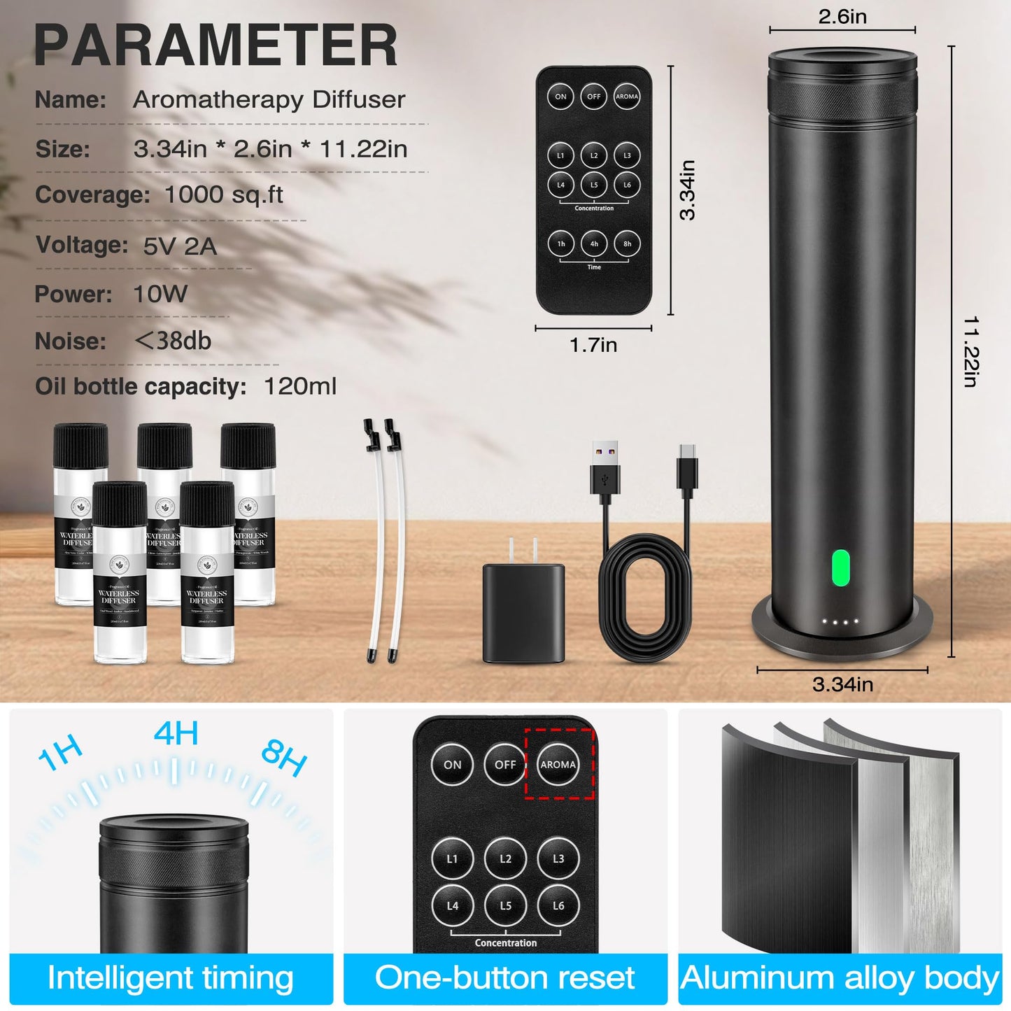Waterless Scent Diffuser Starter Kit - Suitable for Home and Hotel Series Air Diffuser, 800 Square Inches of Coverage, 5 Kinds of Scented Essential Oils, Remote Control