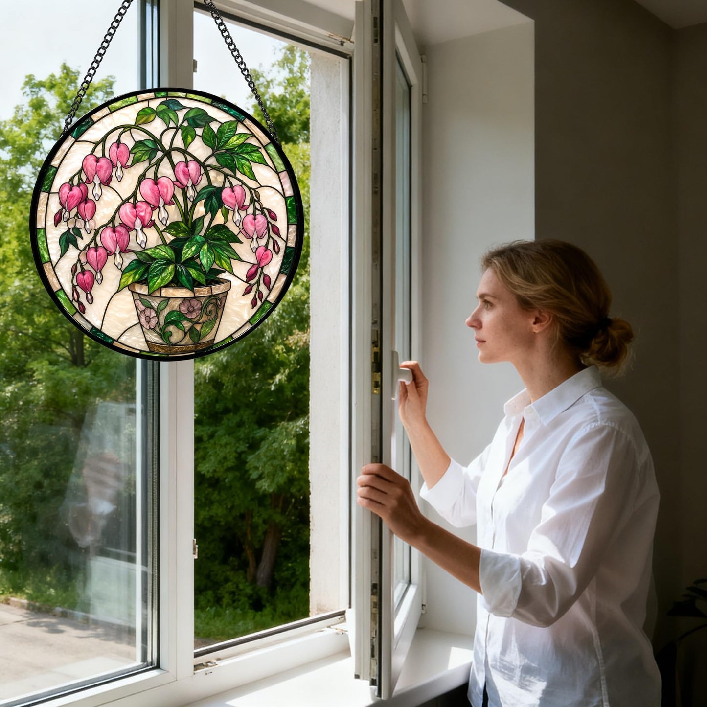 Stained Glass Window Hanging Sun Catcher Stained Glass Kit Style Pink Bleeding Heart Potted Floral Round Panel for Indoor Window Wall Garden Decor Gift