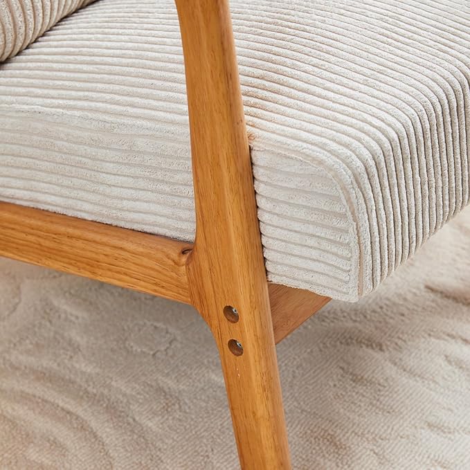Mid-Century Modern Accent Chair Beige Rubberwood Frame Living Room Bedroom