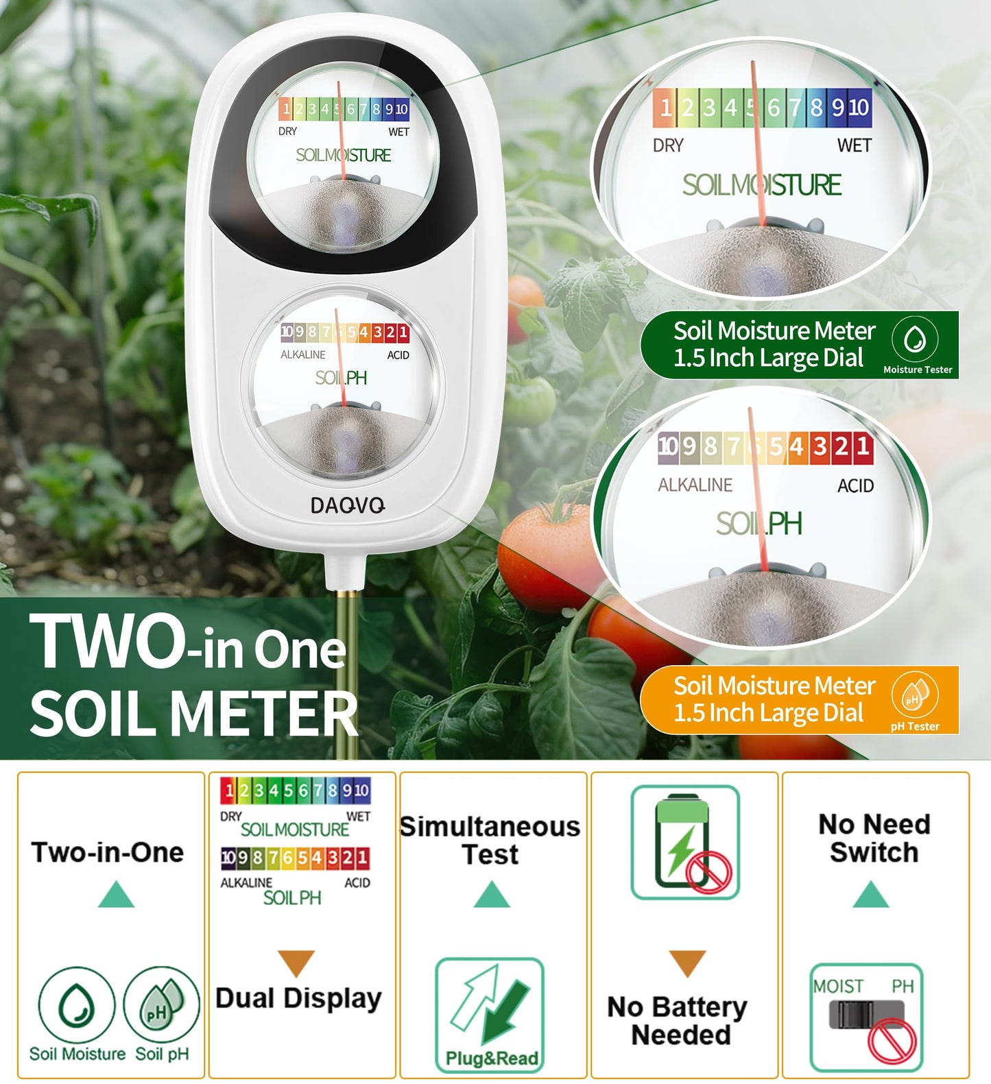 DAQVQ 2-in-1 Moisture Meter for Plants, Soil Moisture Meter & PH Meter, Large Dual-Screen Soil Test Kit, Essential Garden Tools for Indoor/Outdoor Plant, Lawn, Farm, No Battery Needed