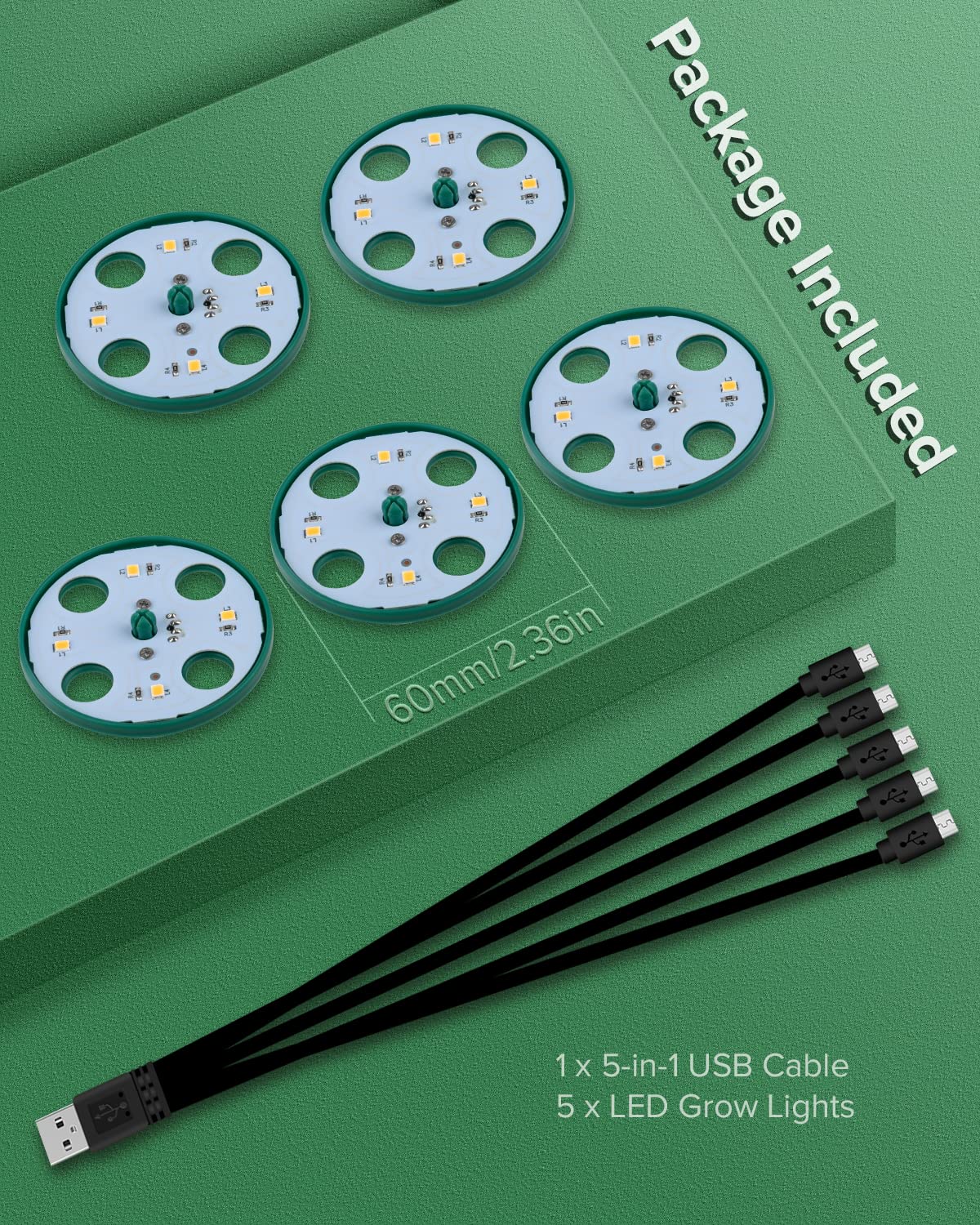 5 Pack Grow Light for Seed Starter,Greenhouse Germination Led Plant Light,Suitable for Seed Starter Kit with Humidity Dome,Full Spectrum Grow Lights for Indoor Plants,Perfect for Seedling Growth Green